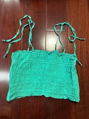 Elan Green Smocked Crop Tank with Tie Straps